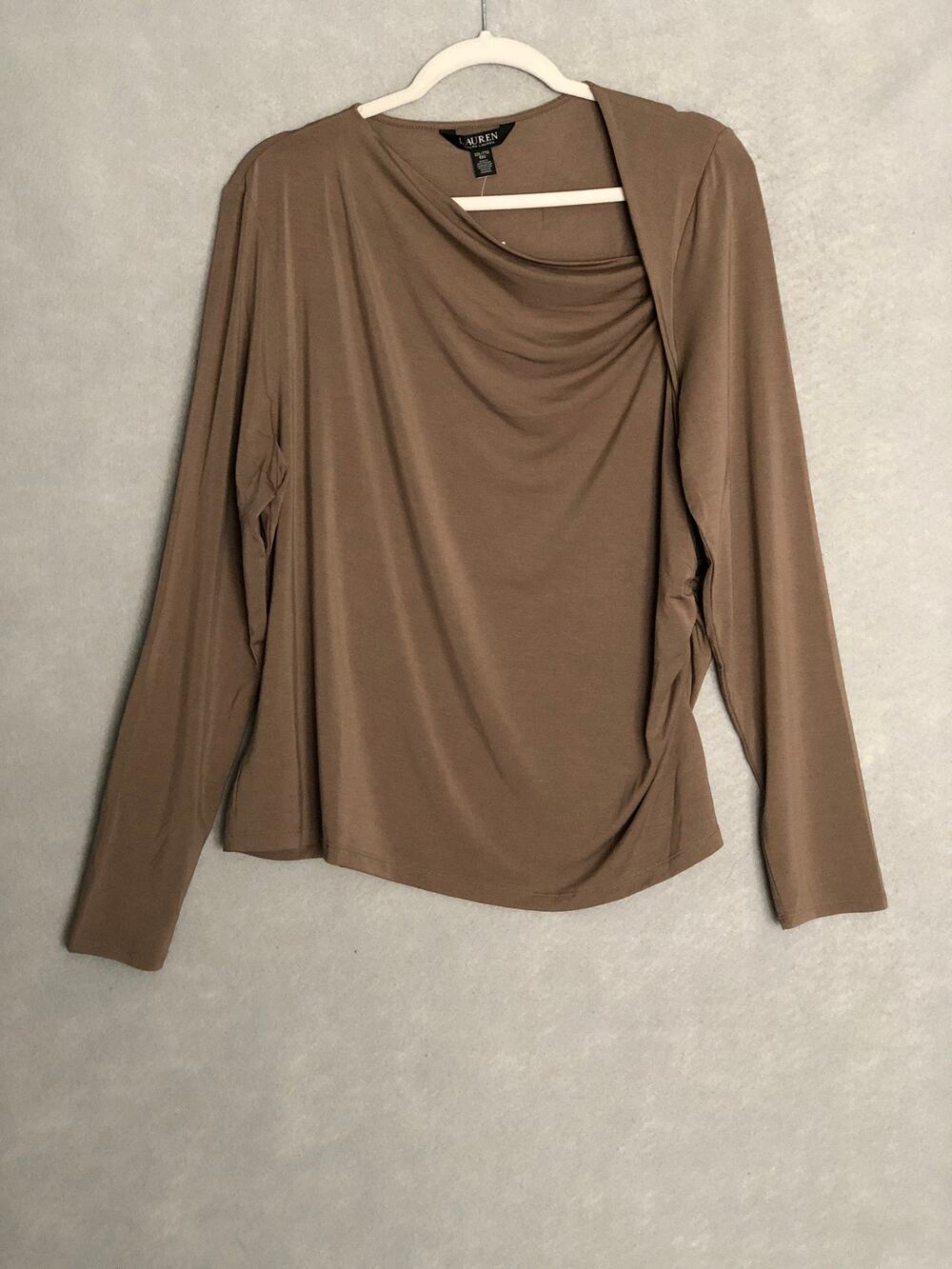 Lauren Ralph Lauren Stretch Jersey Top Asymmetrical Taupe Women's XXL NEW